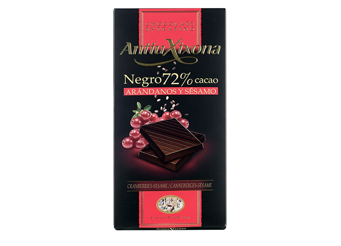 Chocolate Negro 72% cacao con Arándanos y Sésamo