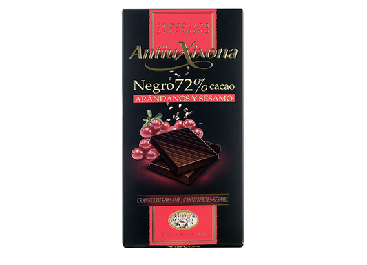 Chocolate Negro 72% cacao con Arándanos y Sésamo